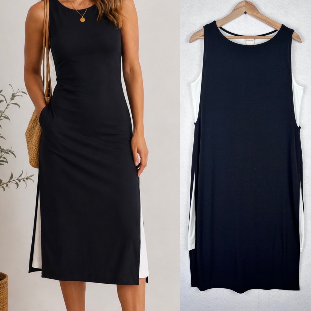 NWT Chico's Dress Sz 1 M Black White Sleeveless Casual Minimalist Resort